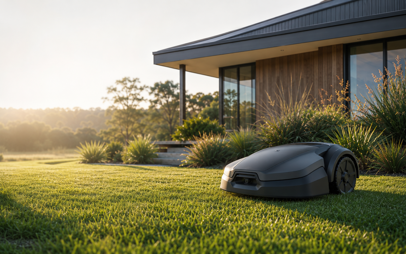 Autonomous mower on a landscaped Australian lawn
